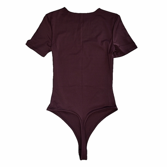 SOLD - NWT Commense Burgundy Short Sleeve Raw Crewneck Comfort Stretch Bodysuit - Picture 7 of 8